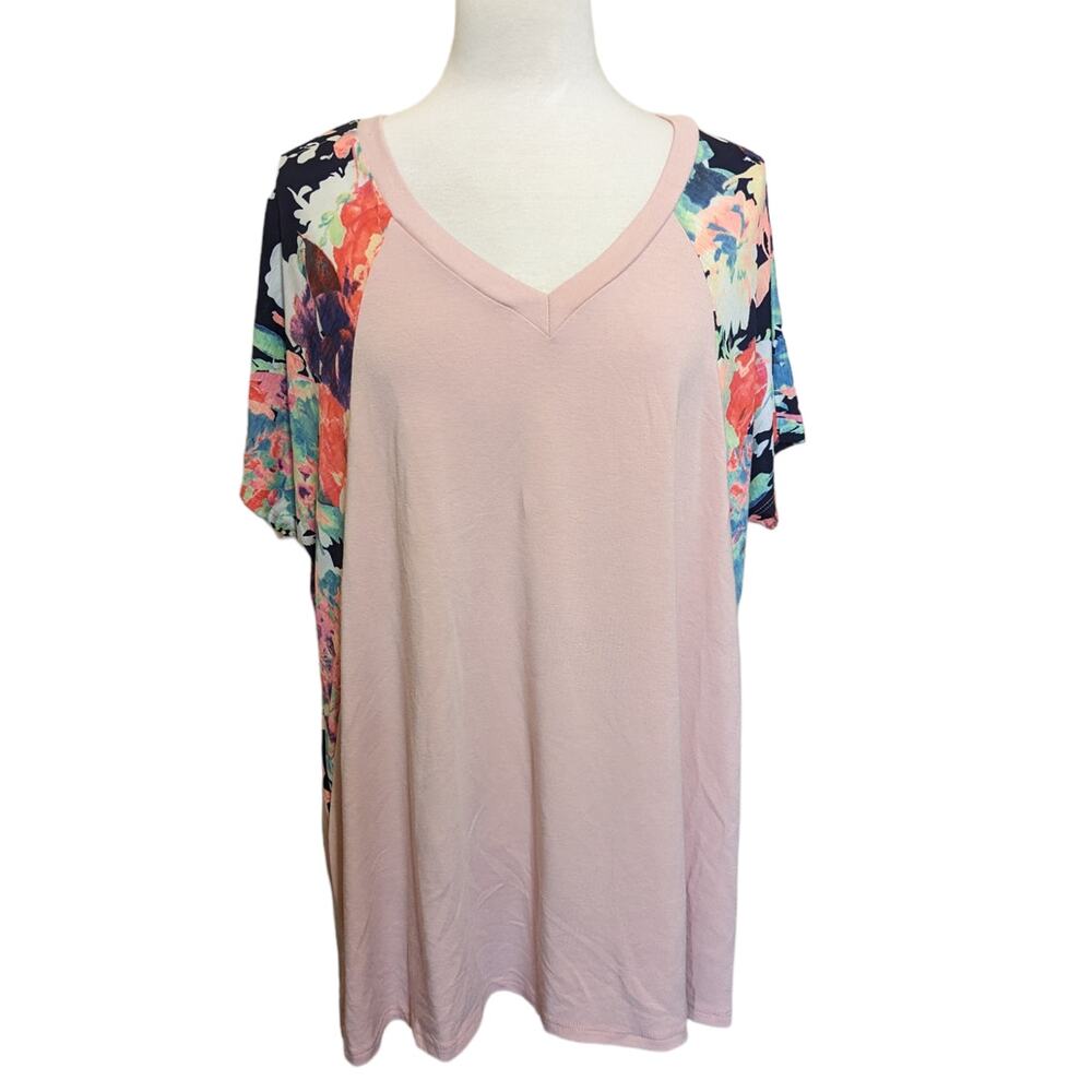Lily Pad Pink V-Neck Blouse with Floral Sleeves Size 2XL